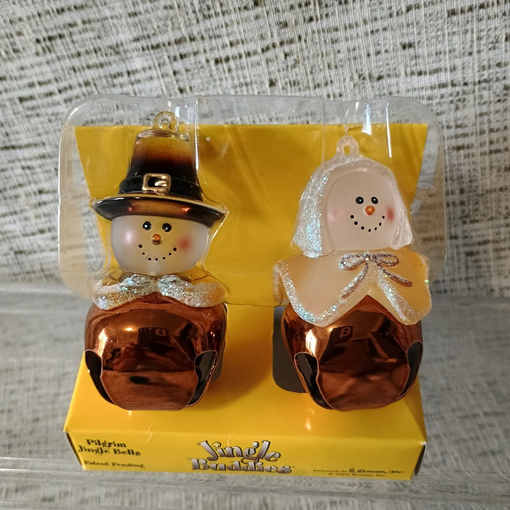 Roman Inc Jingle Buddies Pilgrim Jingle Bells Snowman Ornaments 2003 Set 21921